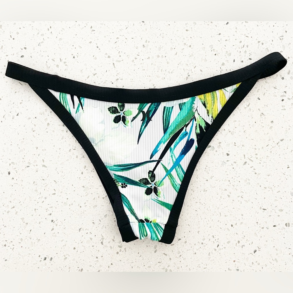 Hurley Green Blue Tropical Print Bikini Bottom with Black Trim